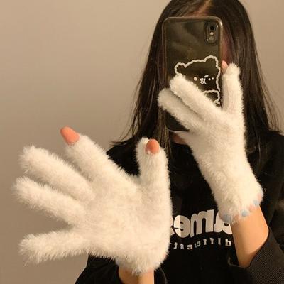 Gloves Ladies Winter Warm Cute Jelly Bean Dew Finger Plush Five Fingers Plush Thickened Cycling Student