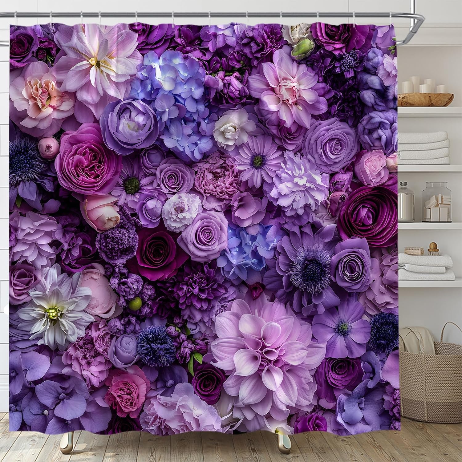 Purple Floral Shower Curtain Purple Boho Flower Spring Blossom Rustic Bright Rose Peony Leaves Botanical Plant Fabric Bathroom