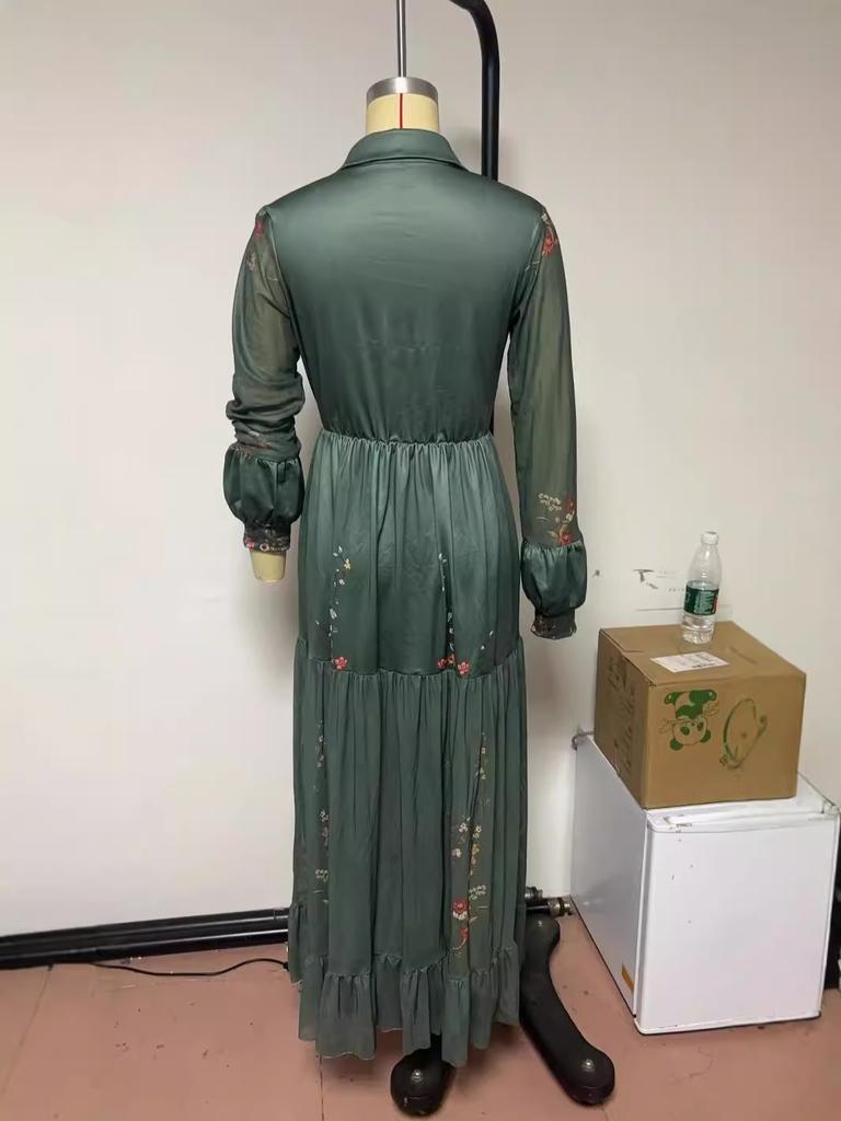 European and American Women's Clothing, Long-sleeved Printed Long Dress, Shirt Collar Dress, Long Dress.