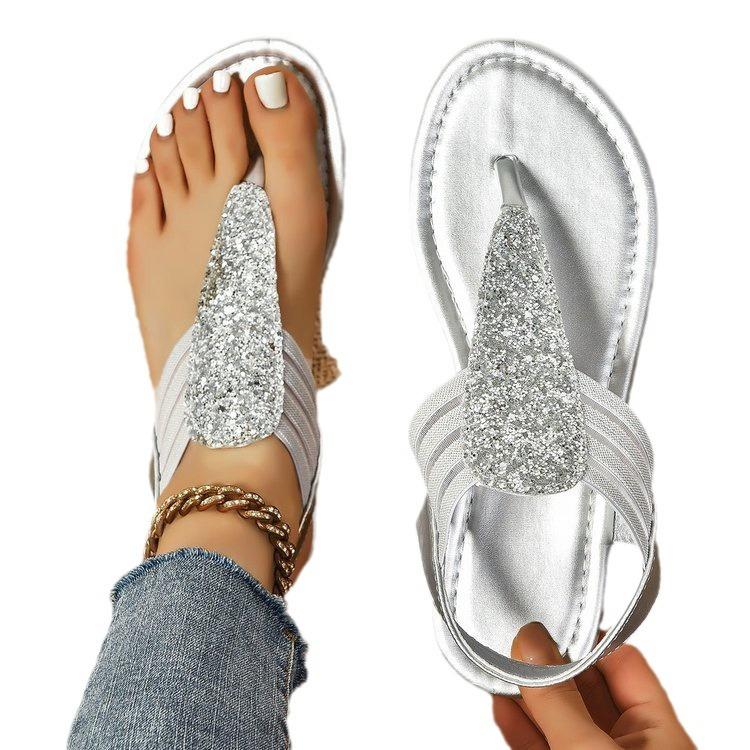 New Flat-bottomed Rhinestone Pinch Comfortable Versatile Beach Sandals Women's European, American and Large-size Women's Shoes