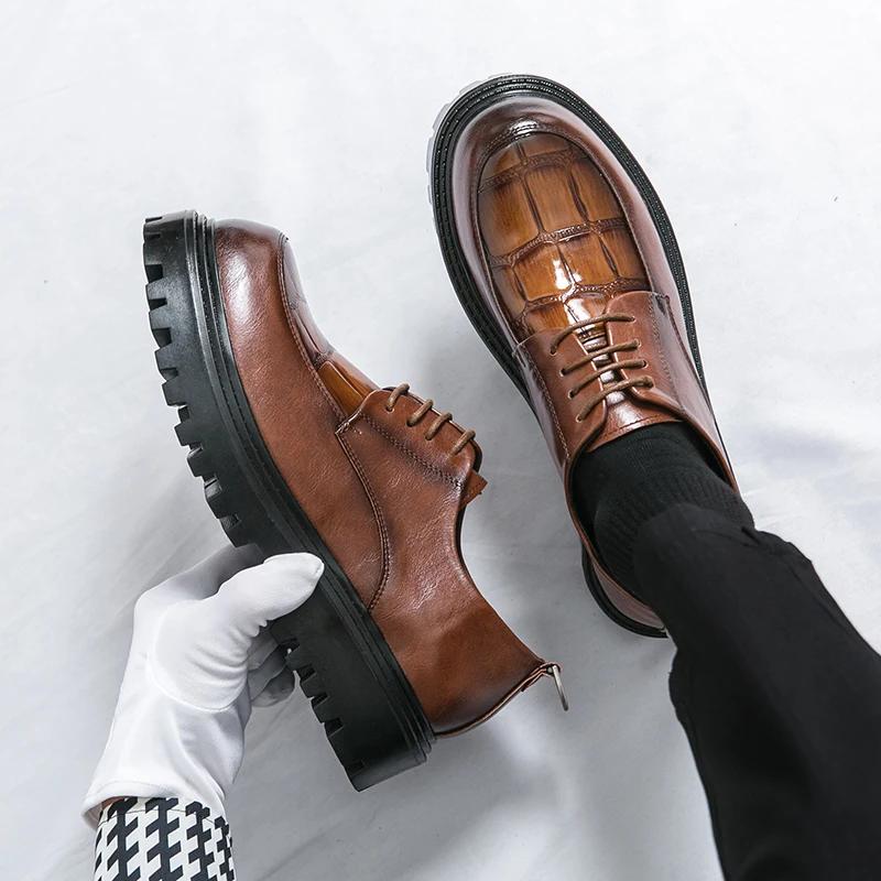 Fashion Spring New Thick Soled Lace Up Oxford Shoes for Men Designer Leather Shoes Waterproof Platform Business Formal Round Toe Shoes
