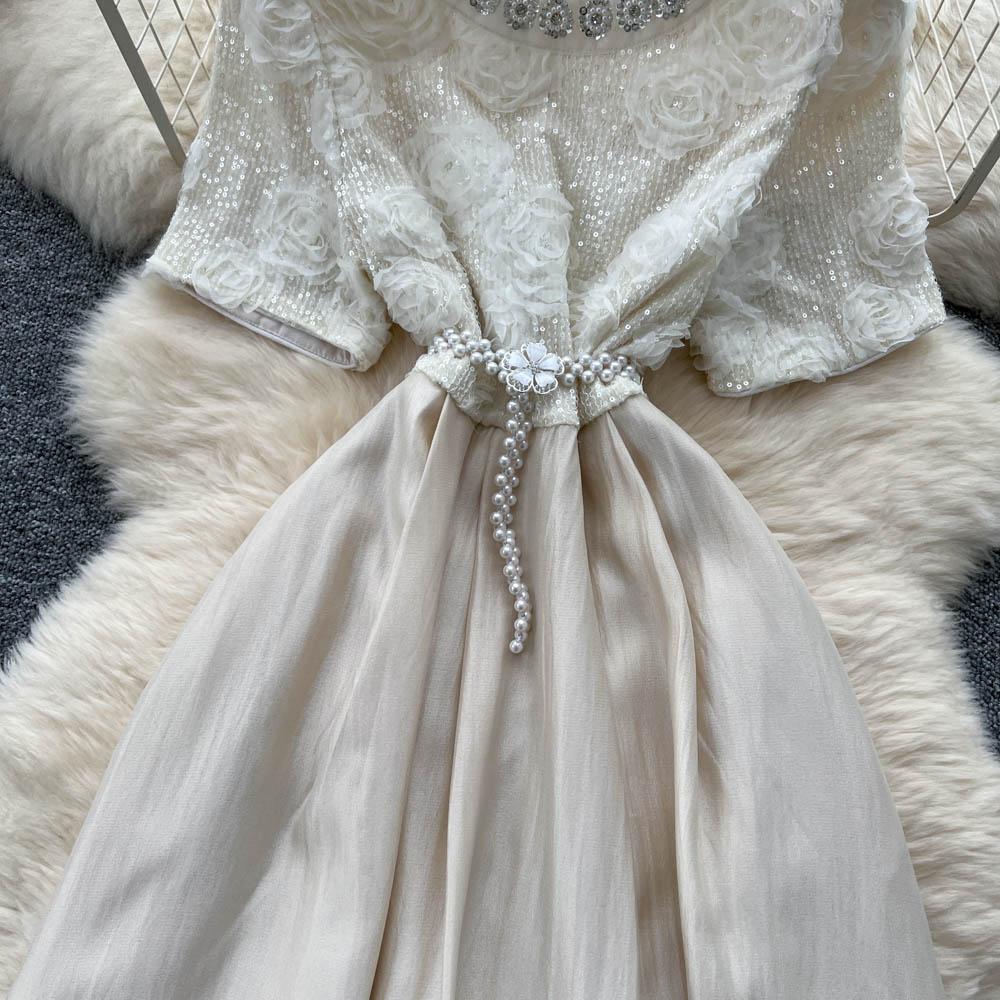 Summer Women Sweet Small Size Flower Beading Fairy Princess Party Dresses For Girl Student With Pearl Belt