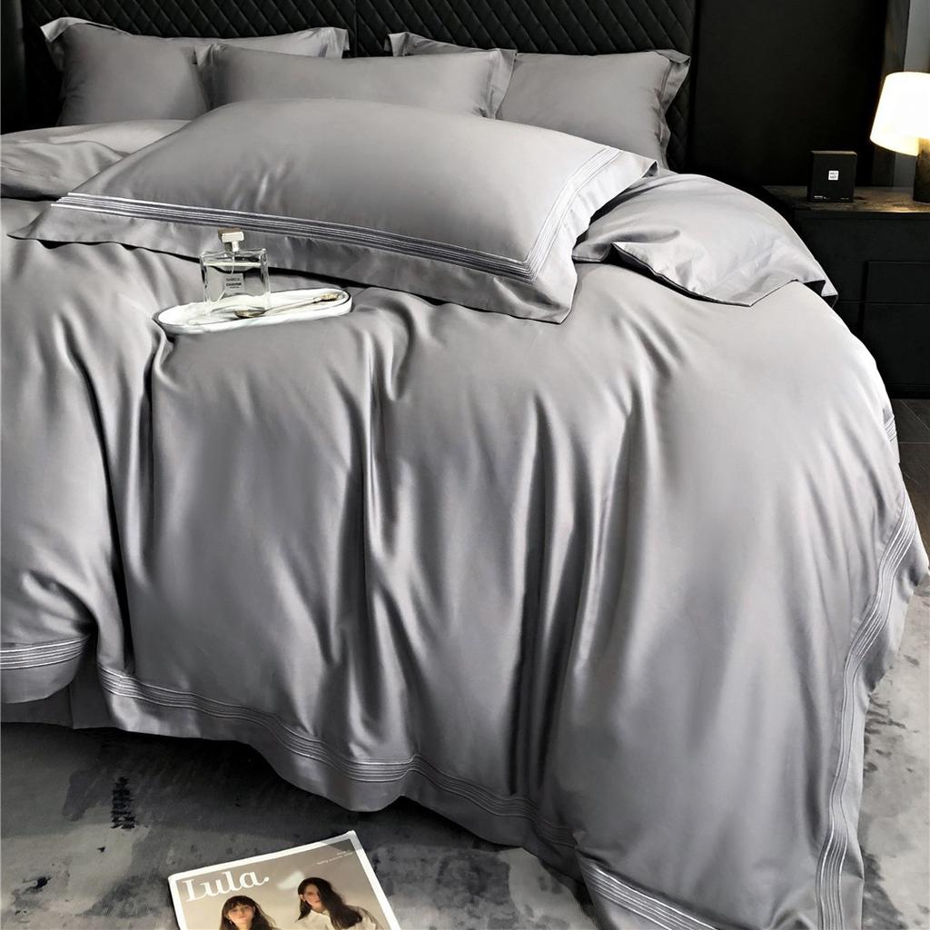 100% Cotton Luxury Minimalist Modern Solid Color 5-Line Stitch 4-Piece Duvet Cover Bedding Set All-Season Premium Home Textiles
