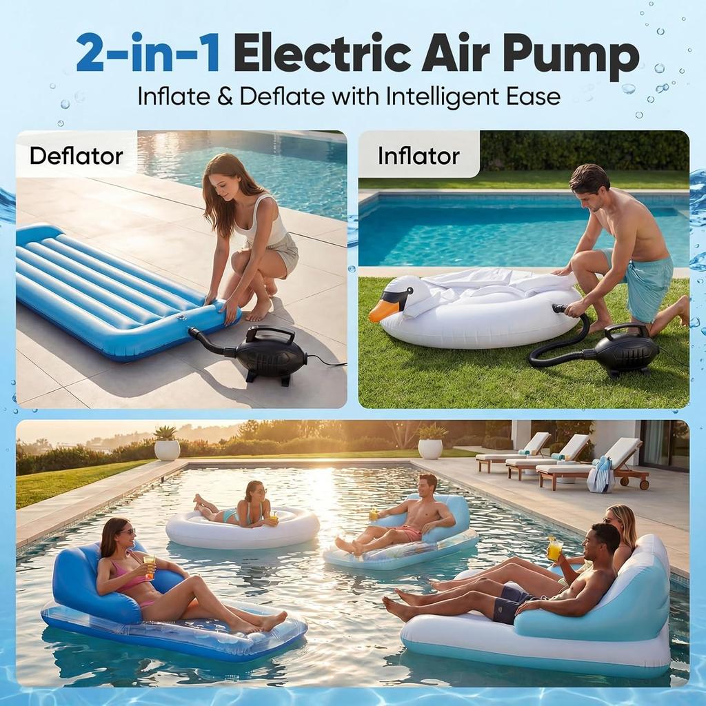Pompa ad Aria Elettrica, Gonfiatore/Sgonfiatore Rapido da 400W, 110–120V AC con 4 Ugelli, Gonfiaggio Rapido ad Alta Pressione per Materasso ad Aria, Galleggianti da Piscina, Zattere