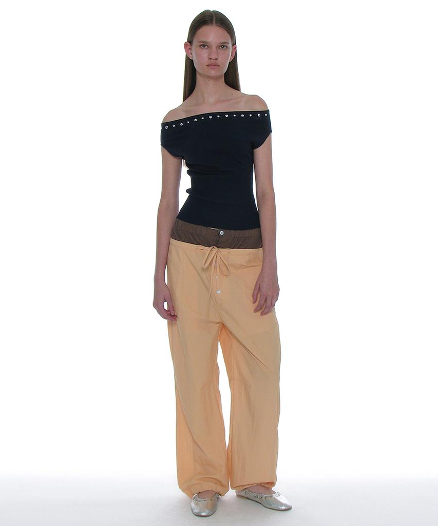 PARTIMENTO WOMEN Studded Off-Shoulder Knit Top_Navy
