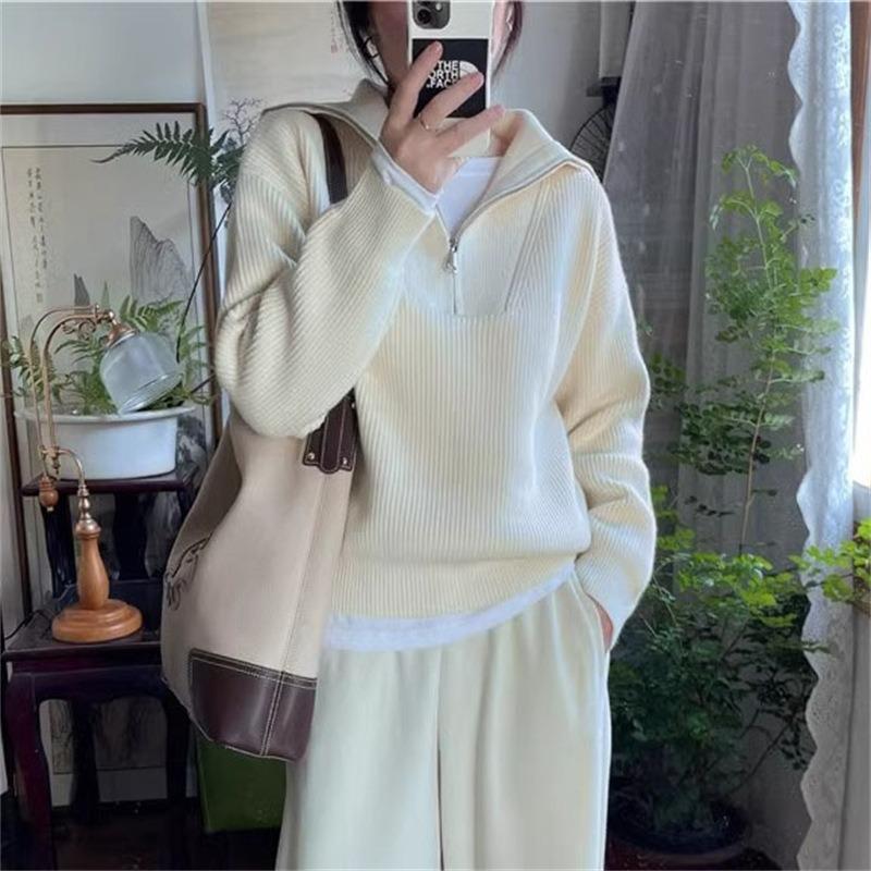 Autumn and Winter New Solid Color Top Lapel Half Zipper Simple Temperament Casual Pullover Knitted Sweater Women's Clothing