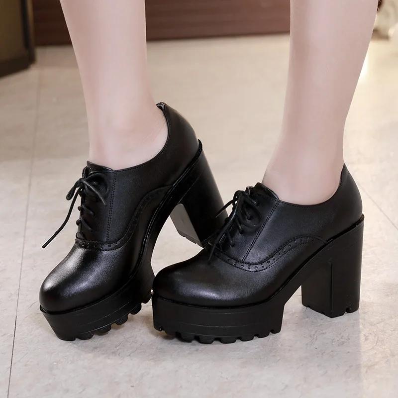 8cm 10cm Small Size 32-43 Vintage Brogues Style Oxford Shoes for Women Platform Pumps  Block High Heels Shoes Plush Office