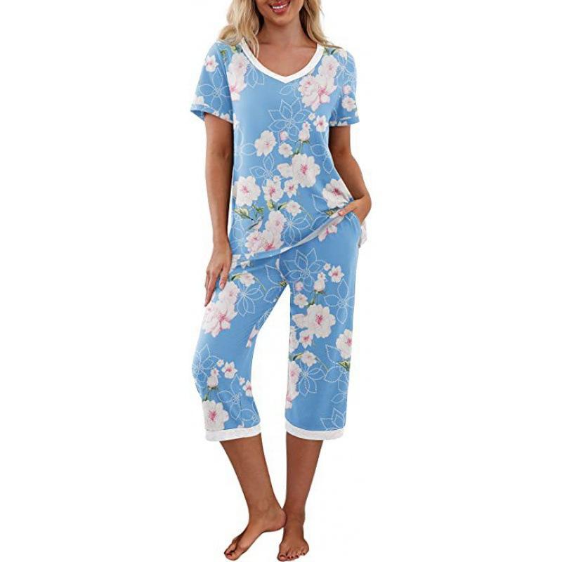 

Women s Sexy Two Piece Women s Multi-Color Comfortable Home Casual Pajama Set with Printed Long Sleeves and Long Pants Pajamas XS светло-синий