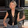 Women Lace Trim V Neck Top Cap Sleeve Form Fitting Casual Solid Color Open Front Blouse