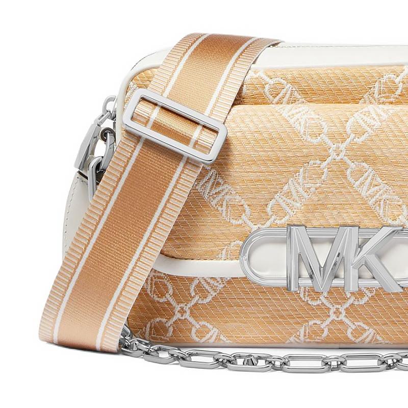 Michael Kors Mk Parker Logo Zipper Closure Fabric And Leather Camera Bag Women Shoulder Bag Straw-Yellow Pure-White 32S4S7PC2S-884