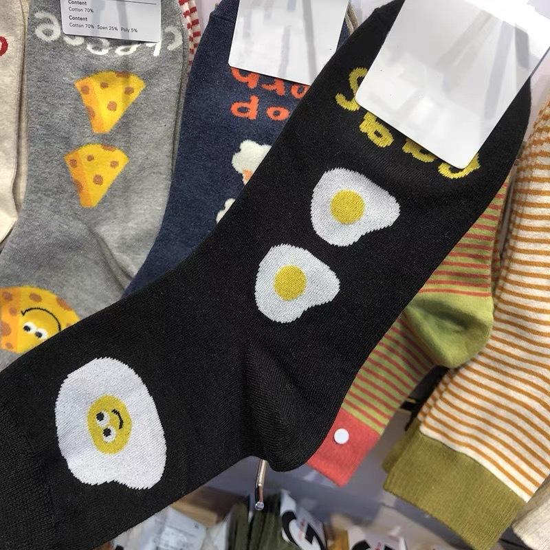 Dongdaemun Cartoon Socks Pizza Cookies Mid-Tube Socks Internet Celebrity Pure Cotton Pile Socks One size чёрный