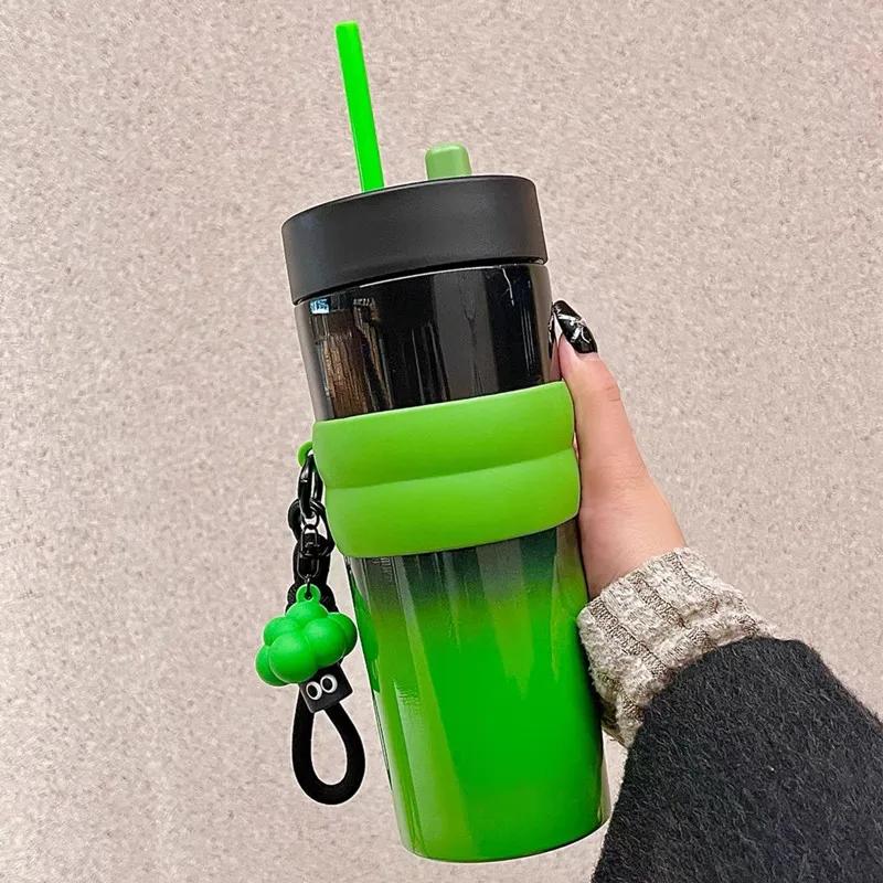 710ml Large Capacity Car Thermos Mug Stainless Steel Vacuum Flask With Retractable Straw Leak-Proof Coffee Tea Cold Drink Bottle