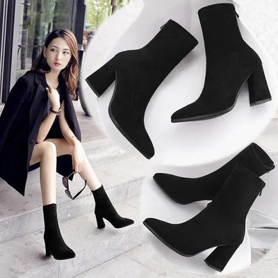 Mode 2024 Neue Knöchel Chunky High Heel Schwarze Sockenstiefel Damen Herbstmode Spitz Wildleder Kurzstiefel Weiblich Sexy Warme Stiefel