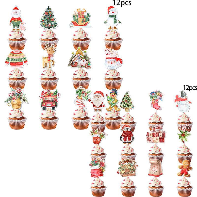 24pcs/set Christmas Cupcake Topper Xmas Gift Santa Claus Snowman Print Cupcake Topper Merry Christmas  Supplies New Year 2025