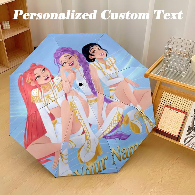 8 Rib Auto Folding Umbrella Kpop Demon Hunters Print Custom Name Text Portable Rain Gear