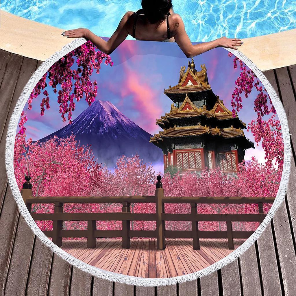 Cherry Blossom Round Beach Towel,Cherry Blossom Tree In The Sun Sand Anti-Sand Beach Blanket Absorbent Quick Dry Soft Pool Towel