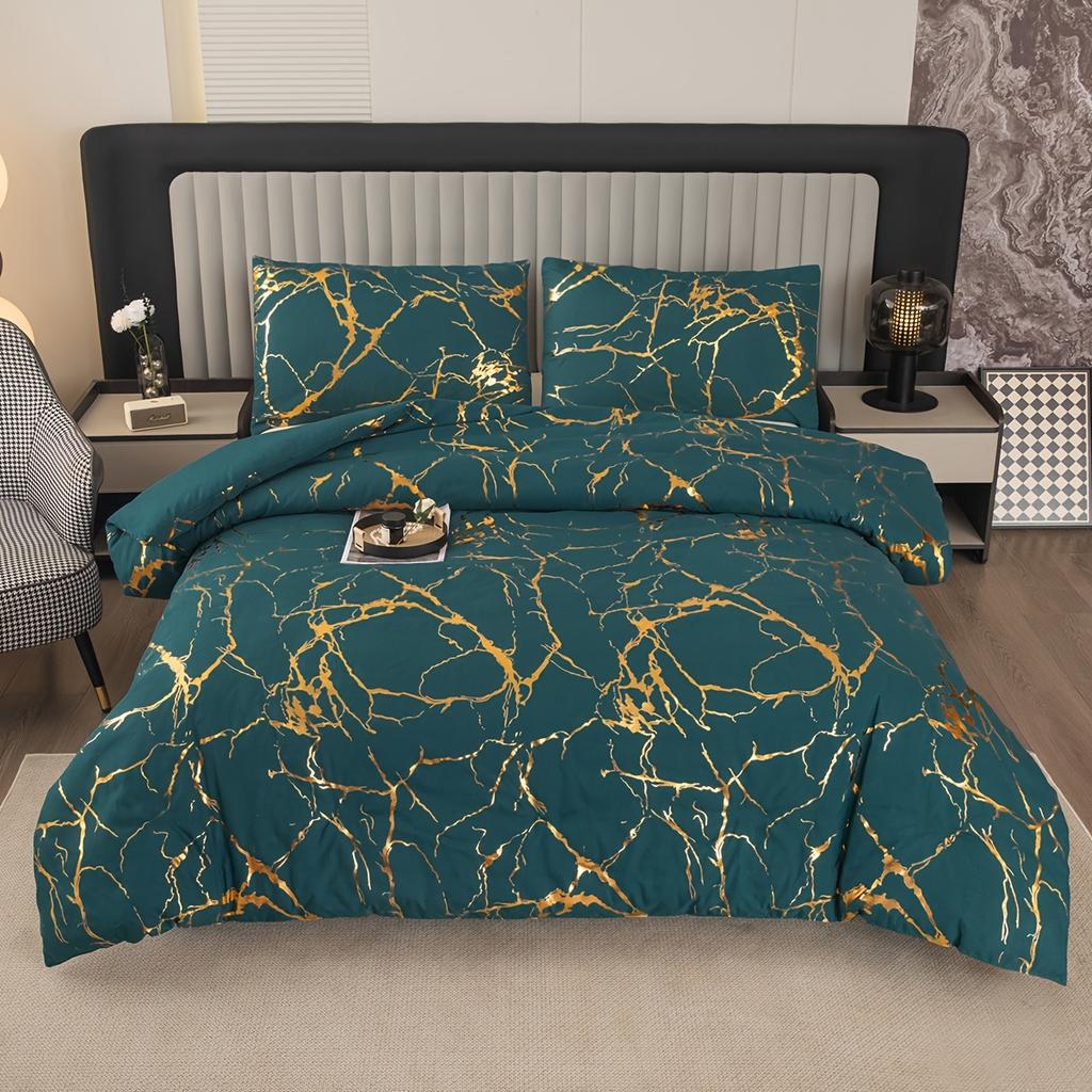 3Pcs Modern Simple Bedding Set Solid Color Pink/Grey/Green/Blue/Purple Marble Pattern Hot Stamping/Silvery Duvet Cover Set