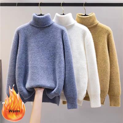Winter Rollkragen Verdicken Pullover Frauen Casual Warm Plüsch Futter Stricken Tops Fügen Samt Boden Blau Pullover