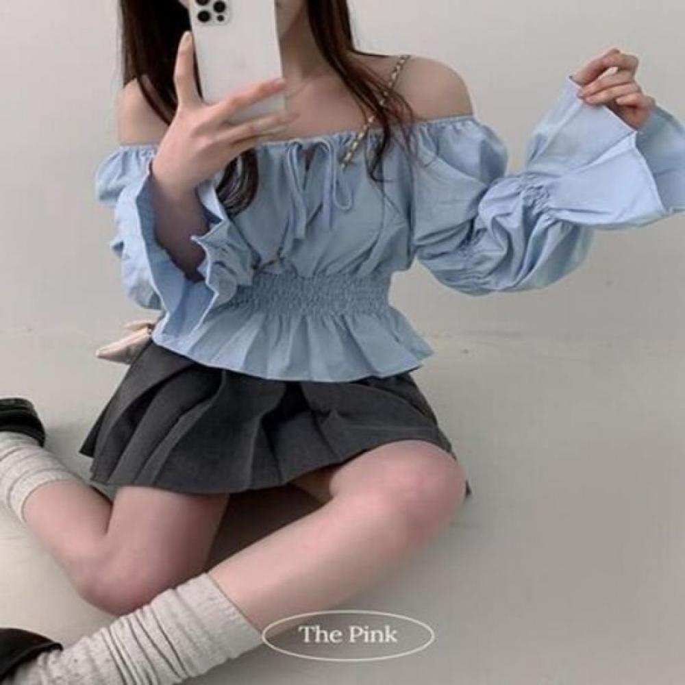 The Pink Off Shoulder Shirring Ribbon Smock Blouse