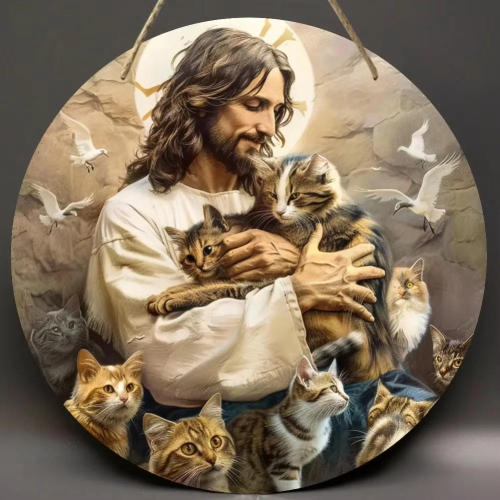 Religious Metal Tin Sign Jesus and Cat Vintage Wall Decor for Home Kitchen Bar Cafe