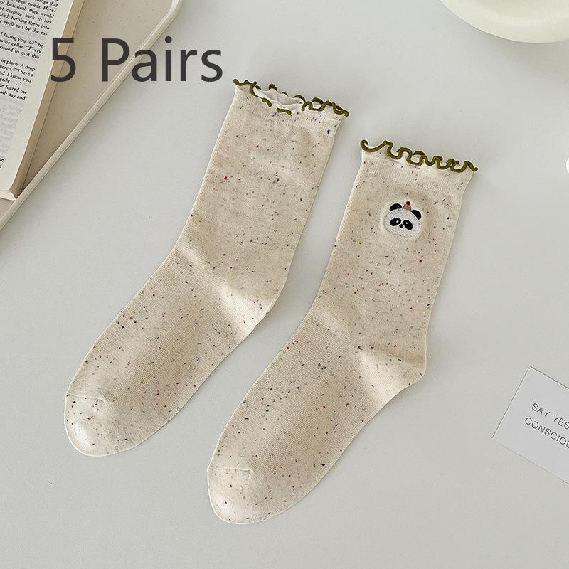 5 Pairs Autumn and Winter New Cute Socks Women's Mid-calf Socks Tide Cotton Socks Women's Monthly Socks Wooden Ear Lace Stacked Socks