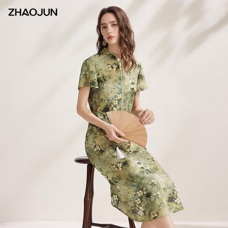 Zhaojun 2026 Summer Mulberry Silk Floral Short Sleeve Dress L