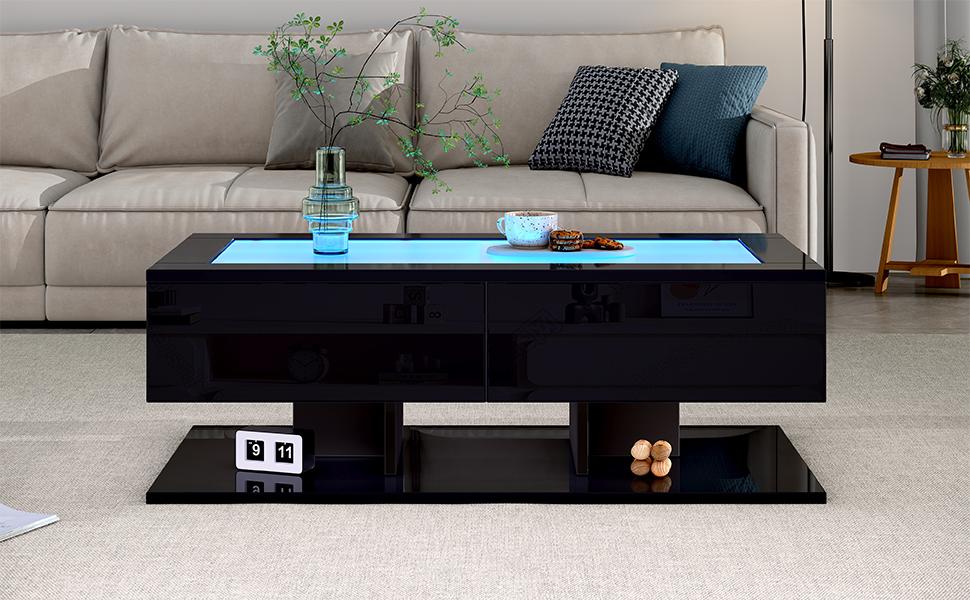 100*50*35cm Coffee Table, High Gloss Sofa Table, Living Room Table with Drawers, Coffee Table with LED Light, Glass Top, Black