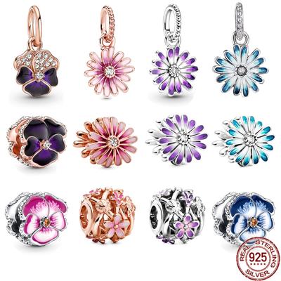 Fine Purple Blue Pansy Charm Pink Daisy Flower Dangle Charm Bead Fit Original  Bracelet Necklace DIY Women Jewelry Gift