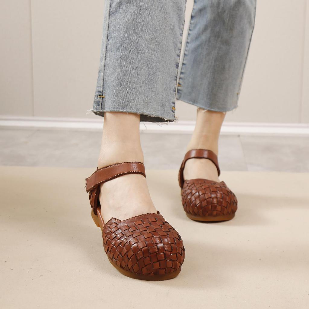 Johnature Women's Sandals Retro Versatile Round Toe Genuine Leather Woven Comfortable Flat Shoes