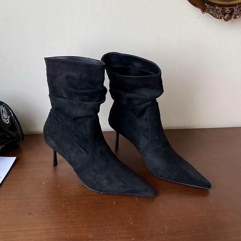 

Модные Элегантные Женские Ботильоны на Тонком Каблуке Обувь Плиссированные Модные Остроносые Женские Короткие Современные Ботинки Женские Туфли-лодочки леди 35 чёрный