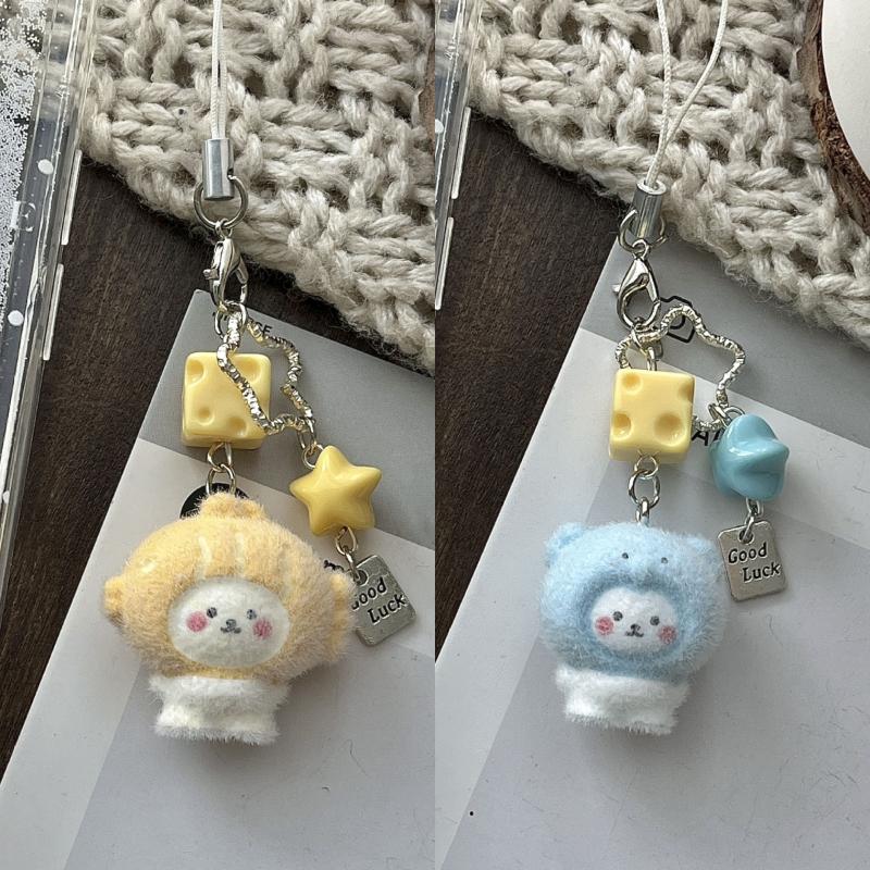 Cute Cartoon Flocking Little Bear Keychain Kawaii Pesin Mobile Phone Rope Pendant Backpack Decoration Pendant Accessories Gift