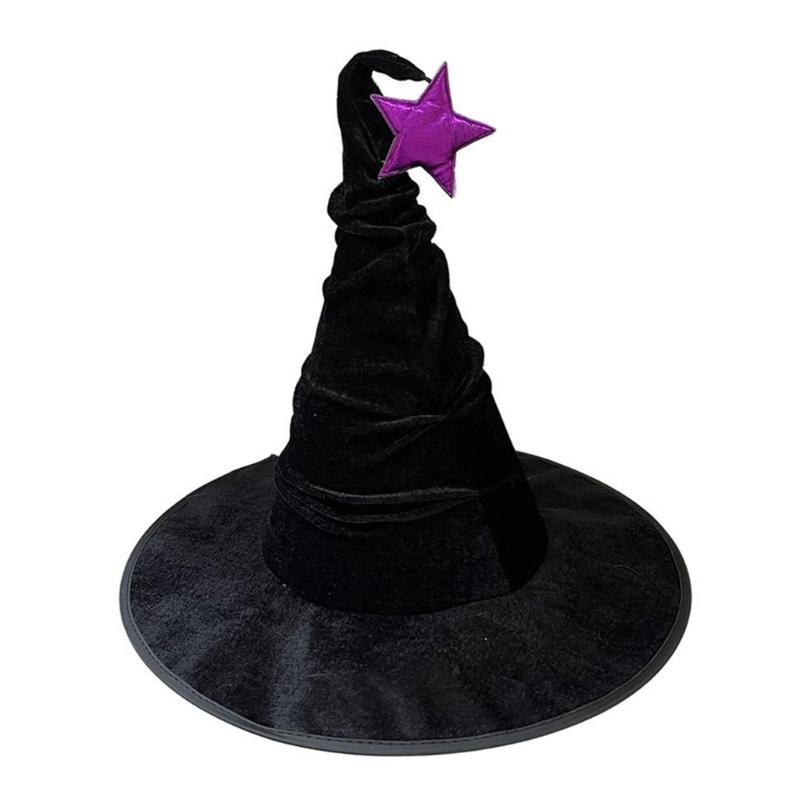 Large Black Witches Witch Hat for Women Star Pleated Witch Caps Halloween Cosplay Costume Accessories for Women Girls