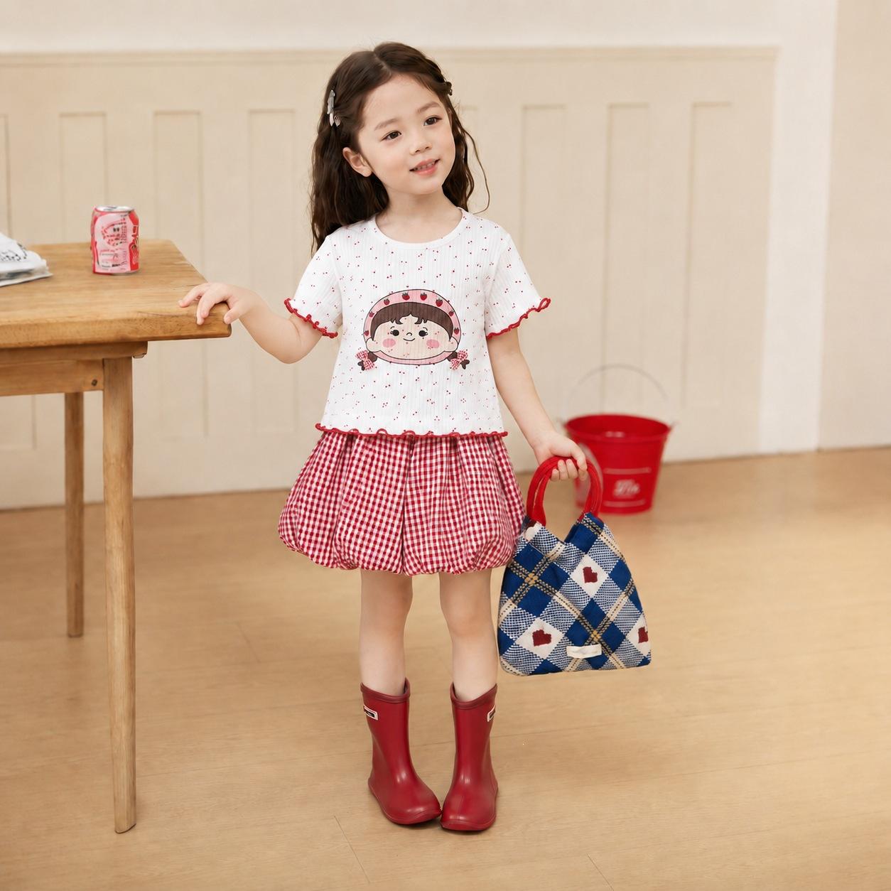 Girls Summer Cute Cartoon Print Plaid Bloomer Pants 2 Piece Set 90