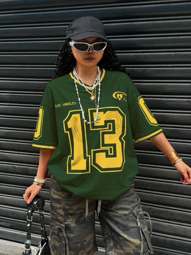 Summer New Retro Black Los Angeles 13 Print T-Shirt For Women V-Neck Short Sleeve Sports Football Jersey Y2K Loose Oversized Top