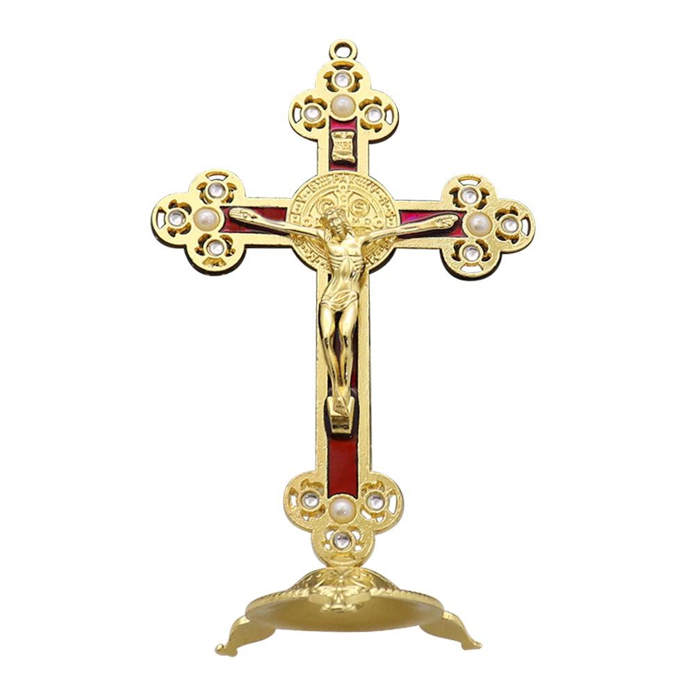 Golden Cross Ornaments Double-sided Tape Metal Statues Creative Handicrafts Oil Droped Colors Car Ornaments Christ On The Stand