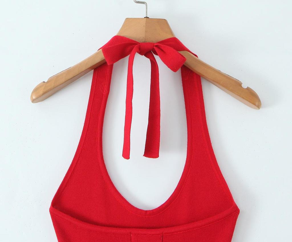 SAW American Style Red Spicy Girl Metal Strap Halter Waist-Cinching Bodycon Dress