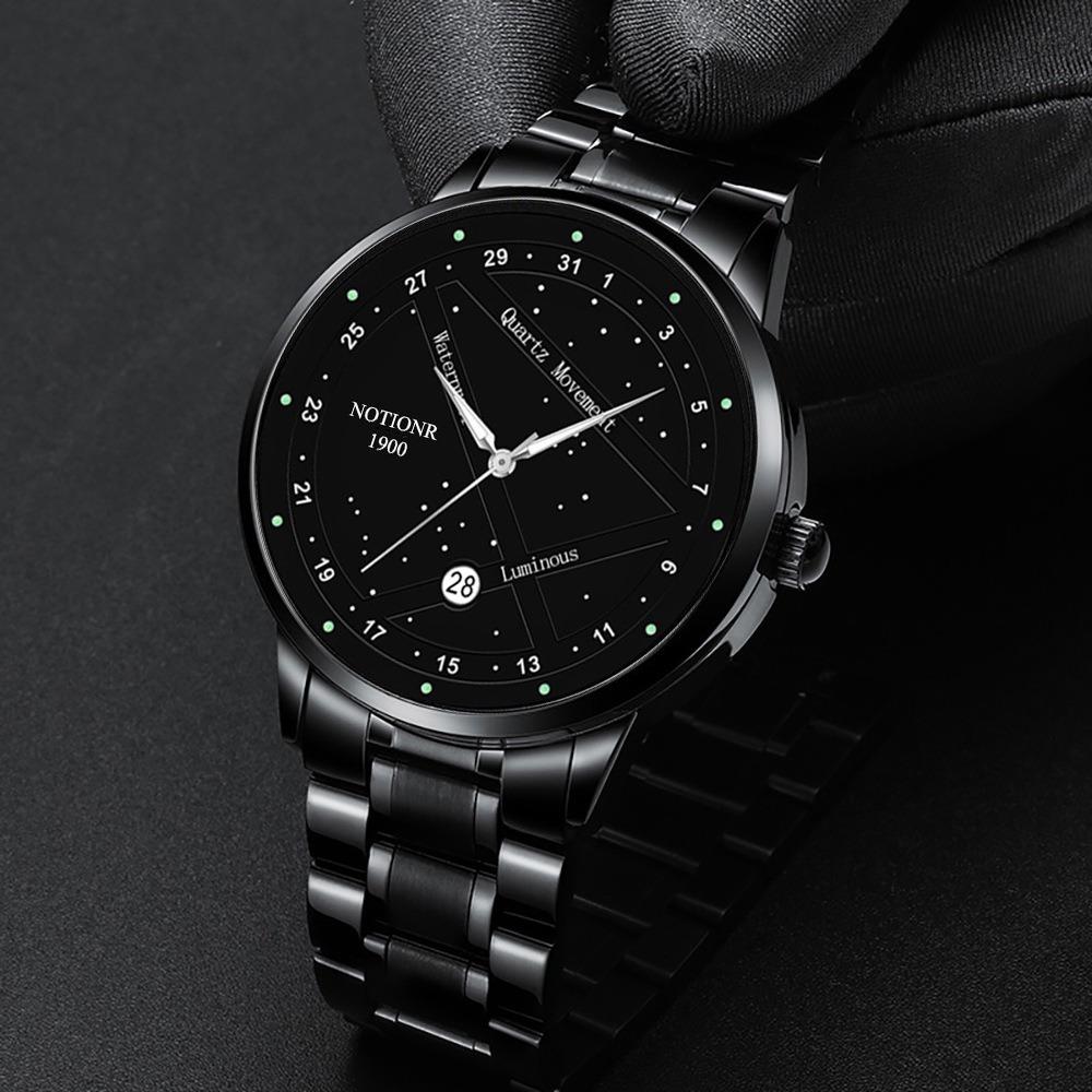 2pcs/set NOTIONR Business Men's Stainless Steel Wristwatches, Fashion Luminous Calendar Quartz Watch,Men's Gift Options