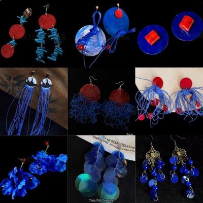 Blue Geometric Tassel Earrings - Exquisite Long Studs for Women with European and American Style