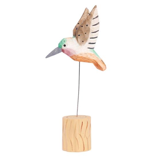 Wood Carving Hummingbird Ornament with Tree Stump/Bell Handcrafted Bird Figurine Statue Sculpture