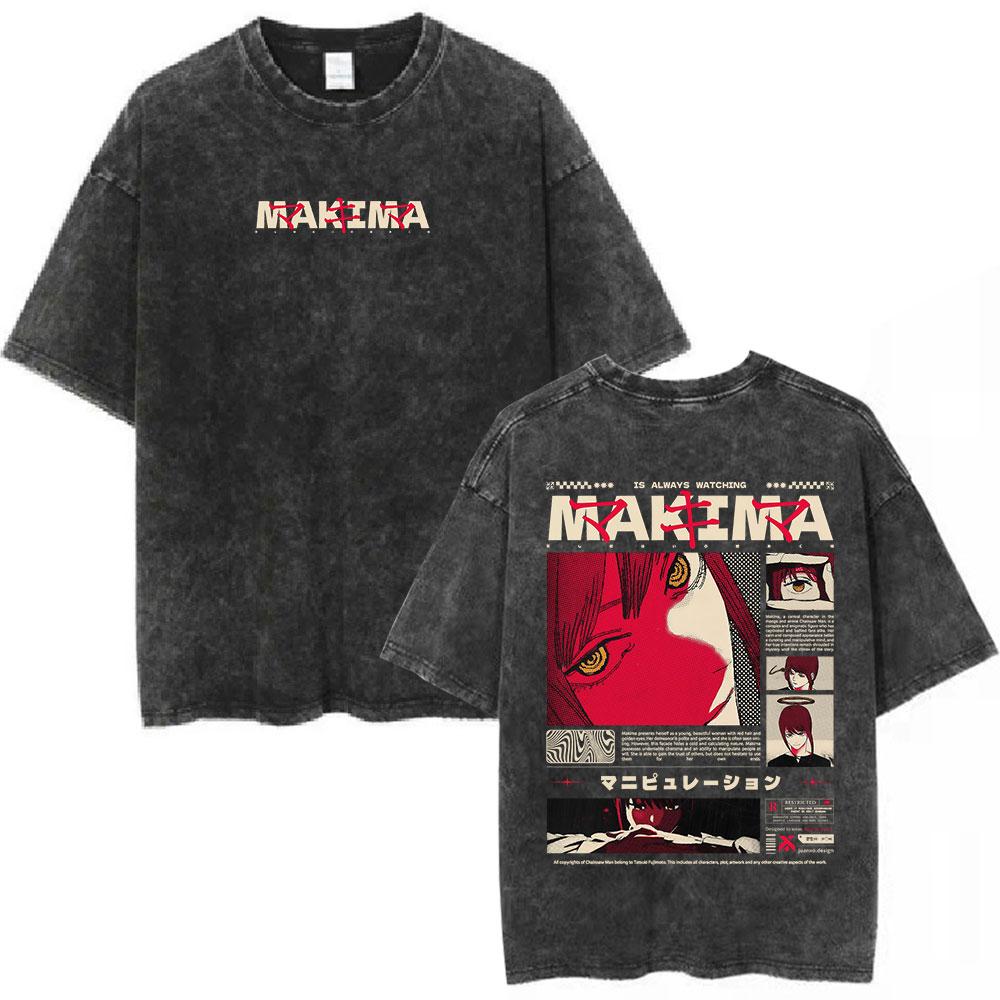 Vintage Washed Anime Chainsaw Man Makima T-shirt Men Women Clothing Fashion Short Sleeve Cotton Oversized T-shirts Streetwear S разноцветный