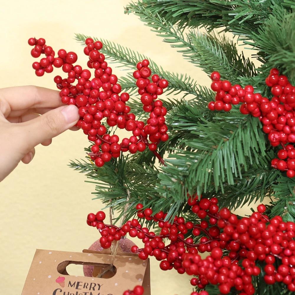50-1PCS Artificial Red Berries Branches Christmas Simulation Flower Fruit Cherry DIY Wreath Xmas Tree New Year Party Decorations