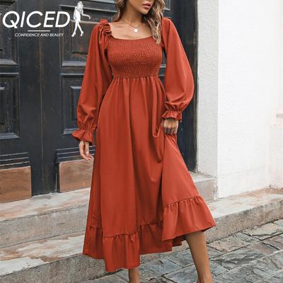 Damenmode Herbst Winter Einfarbiger Druck Langarm Quadratischer Kragen Freizeitkleider
