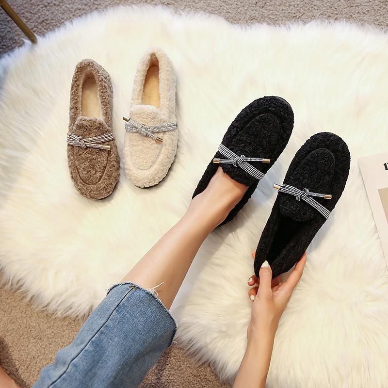 Fashion Curly Fur Shoes Woman Glitter Bowtie Cotton Flats Lambswool Loafers Ladies Winter Footwear Cashmere Plush Shoes Comfy Moccasins