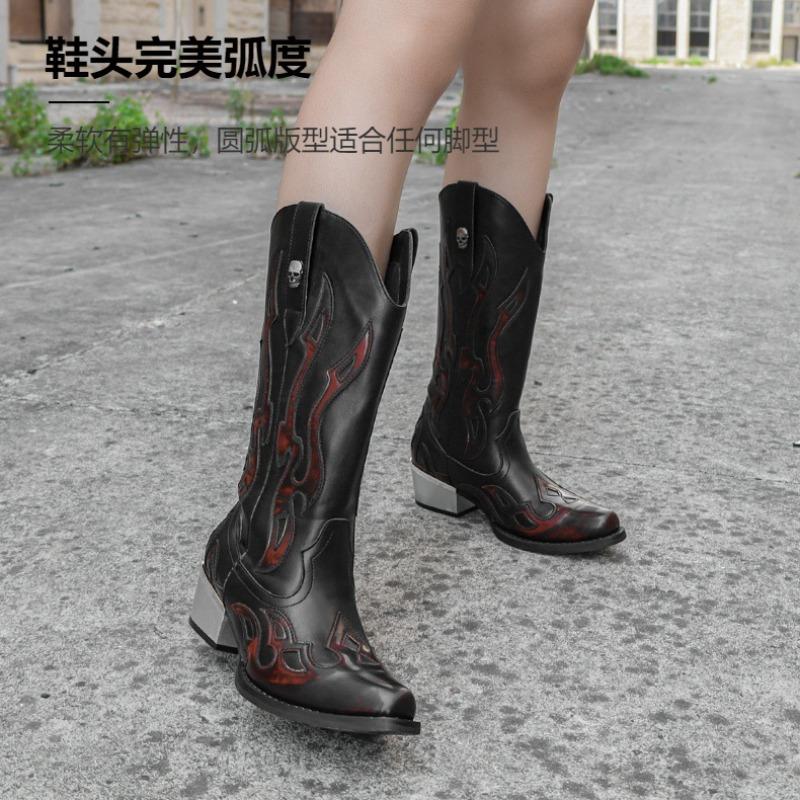 Men's Women's Fad Retro Leather Boot Thick Heel Western Denim Boot Punk Side Zipper Couple Mid-tube Waterproof Boots Botas Mujer