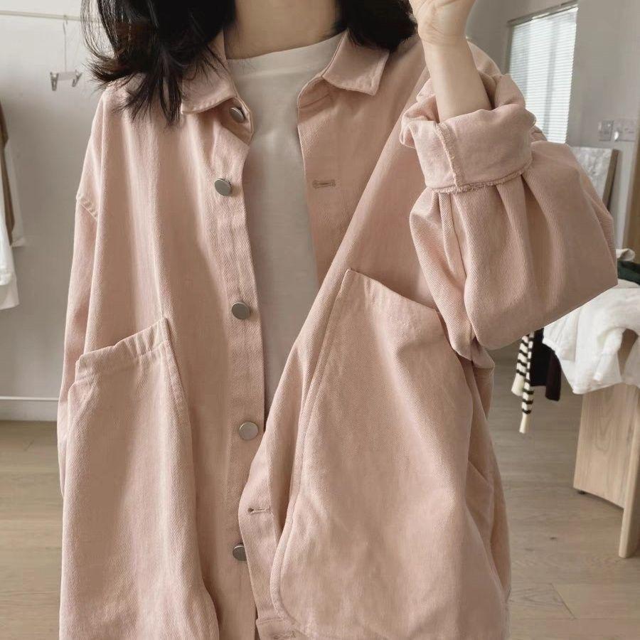 Women's Loose-Fit Retro Workwear Jacket with Large Pockets - Plus Size, Slimming, Solid Color, Spring/Autumn