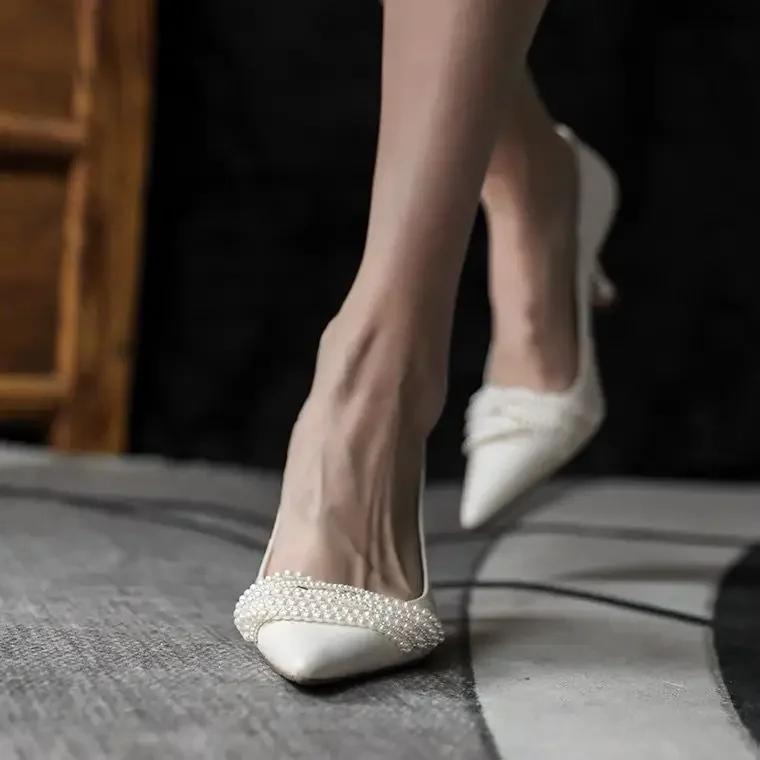 French Single Shoe Ladies  Spring and Autumn Niche Pearl Shallow Mouth High Heels Stiletto Heels Fashion Personality