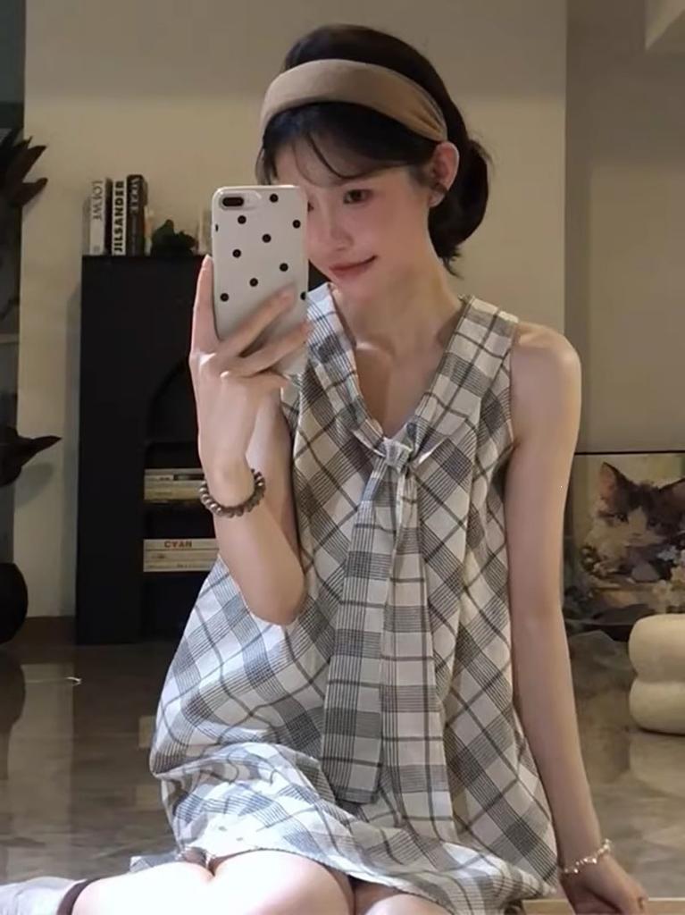 2026 summer new thin age-reducing navy collar niche vest short skirt college style plaid lace-up women's dress