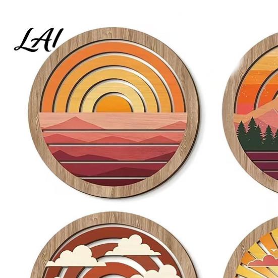 Multi-layer 3D Carving Decor 4Pcs Boho Sunset Wall Art Abstract Landscape Round Hanging Ornaments Unique Studio Decorations Wooden for Living