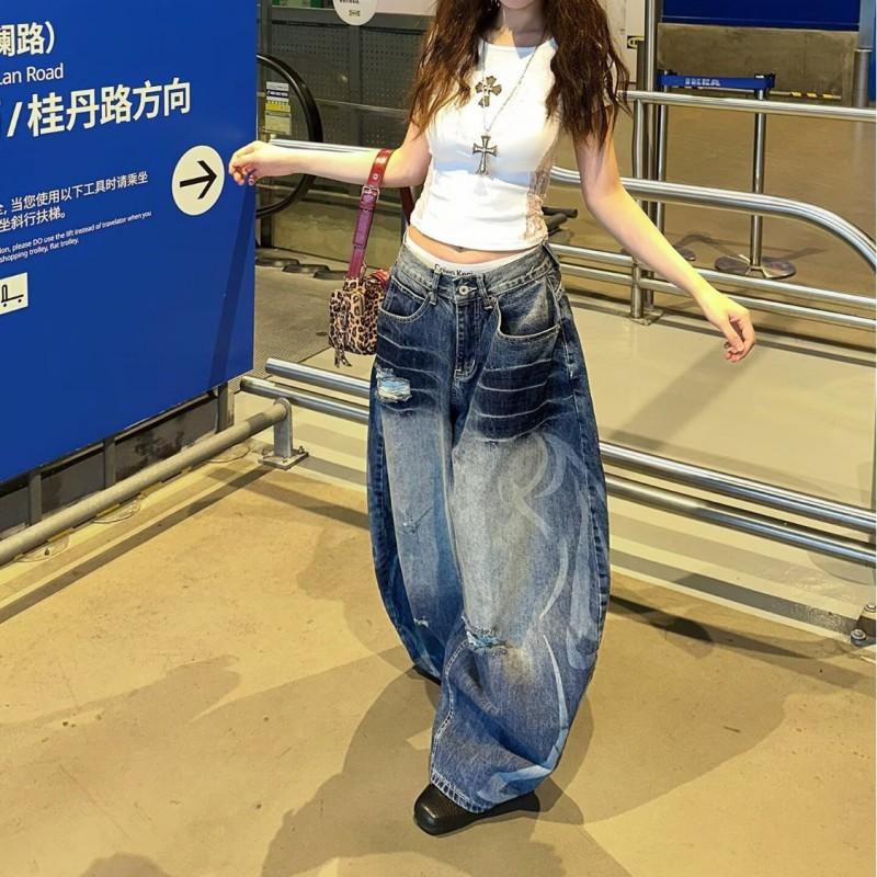 Men Women Classic Washed Distressed Straight Leg Denim Pants Loose Wide Cropped Tapered Fit Fall