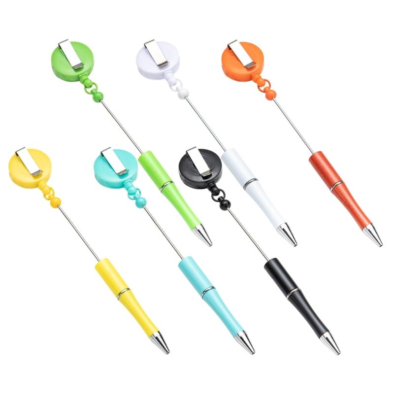 

6Pcs Beaded Ballpoint Pen with Badge Reel Retractable Badge Holder with Belt Clip for Nurse Doctor Student Teacher